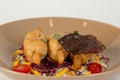 Close up of Fried shrimp mousse on sugar cane skewer on white background by focus stack