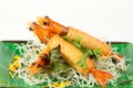 Close up fried Shrimps wrapped roll and crispy noodles as appetizer