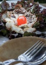 Close-up of Fried squids eggs on Fried Egg to put it on top of Fresh vegetables on White ceramic plate Royalty Free Stock Photo