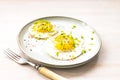 Close-up fried two eggs in plate salt, pepper, green onion, fork. Morning breakfast concept