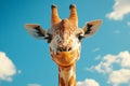 Close-up of a friendly giraffe smiling with a blue sky and some clouds in the background Royalty Free Stock Photo