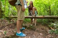 Close up of friends with backpacks hiking Royalty Free Stock Photo