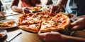 Close up friends snapping up pizza standing on the table , concept of Social gathering, created with Generative AI