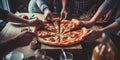 Close up friends snapping up pizza standing on the table , concept of Social gathering, created with Generative AI