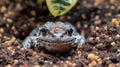 A close up of a frog sitting in the dirt with leaves, AI Royalty Free Stock Photo