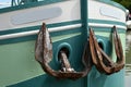 Close-up of river barge anchors