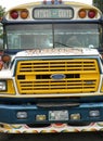 Close up of front of colourful vintage Guatemalan bus