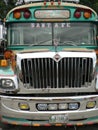 Close up of front of colourful vintage Guatemalan bus