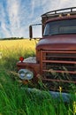Close up of Front Grill of Abandoned Vintage and Rusty Truck in a Field on a Sunny Day Royalty Free Stock Photo