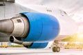 Close-up of the front of a large wide body cargo airplane at the parking Royalty Free Stock Photo