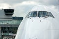 Jumbo jet nose, front view. Royalty Free Stock Photo