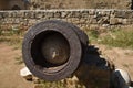 Close-up from front of a old cannon with a cannon-ball inside Royalty Free Stock Photo