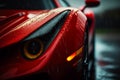 Close up of the front of red sports car in the rain. Generative AI Royalty Free Stock Photo