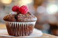 Close up front view of chocolate muffin with raspberry topping on paper waffle stand