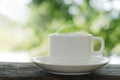 Close-up front view of a cup of tea Coffee with white saucers on a wooden table laid out in a green garden with morning sunlight Royalty Free Stock Photo