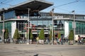 Close-up of the front view of the facade of the Turin Italy market in a sunny morning