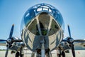 Close-up front view of the nose and the front engines of the B-19 Superfortress Doc in the US