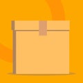 Close up front view open brown cardboard box isolated with lid sealed. Blank background. Flat style. Carton texture