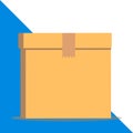 Close up front view open brown cardboard box isolated with lid sealed. Blank background. Flat style. Carton texture