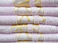 A close up front view of pink color fluffy bath towels Royalty Free Stock Photo