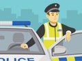 Close-up front view of a police officer leaning on the car door. Royalty Free Stock Photo