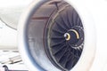 Close-up front view of the turbine of a jet engine, an airplane at the airport Royalty Free Stock Photo