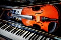 Close up front view violin on piano.