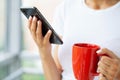 Close up front view young woman holding smartphone, typing message, chatting with friends in social networks. Royalty Free Stock Photo