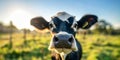 close up frontal portrait of a cow staring at camera, calf snout closeup in green farm field surroundings, copy space Royalty Free Stock Photo