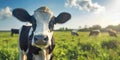 close up frontal portrait of a cow staring at camera, calf snout closeup in green farm field surroundings, copy space Royalty Free Stock Photo