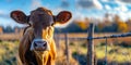 close up frontal portrait of a cow staring at camera, calf snout closeup in green farm field surroundings, copy space Royalty Free Stock Photo