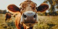 close up frontal portrait of a cow staring at camera, calf snout closeup in green farm field surroundings, copy space Royalty Free Stock Photo