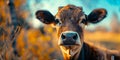 close up frontal portrait of a cow staring at camera, calf snout closeup in green farm field surroundings, copy space Royalty Free Stock Photo