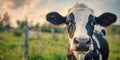 close up frontal portrait of a cow staring at camera, calf snout closeup in green farm field surroundings, copy space Royalty Free Stock Photo