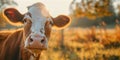 close up frontal portrait of a cow staring at camera, calf snout closeup in green farm field surroundings, copy space Royalty Free Stock Photo