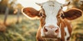 close up frontal portrait of a cow staring at camera, calf snout closeup in green farm field surroundings, copy space Royalty Free Stock Photo