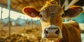 close up frontal portrait of a cow staring at camera, calf snout closeup in green farm field surroundings, copy space Royalty Free Stock Photo