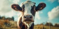 close up frontal portrait of a cow staring at camera, calf snout closeup in green farm field surroundings, copy space Royalty Free Stock Photo