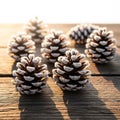 Close Up of Frost Covered Pine Cones on Rustic Wooden Table in Warm Sunlight Royalty Free Stock Photo