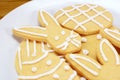 Close up of frosted Easter cookies on a plate