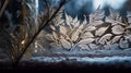 a close up of a frosted window with plants in the foreground and snow on the ground behind the window and a plant in the Royalty Free Stock Photo