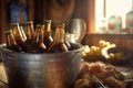 close-up of frosty beer bottles chilling in ice bucket Royalty Free Stock Photo