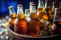 close-up of frosty beer bottles chilling in ice bucket Royalty Free Stock Photo