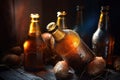 close-up of frosty beer bottles necks chilling in icy bucket Royalty Free Stock Photo