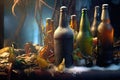 close-up of frosty beer bottles submerged in ice Royalty Free Stock Photo