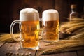 close-up of frothy beer in glass tankards on wooden table Royalty Free Stock Photo