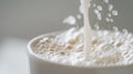 Close up of frothy bubbles on milk in white cup on white table, macro photography Royalty Free Stock Photo