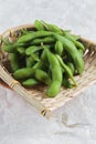 Close-up frozen edamame beans in the basket on makisu meal mat ready to serve at Japanese restaurant in Bangkok, Thailand