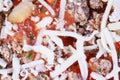 Close-up of frozen pizza with meat Royalty Free Stock Photo