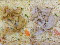 Close-up before and after of frozen pork fried rice heated in microwave oven Royalty Free Stock Photo